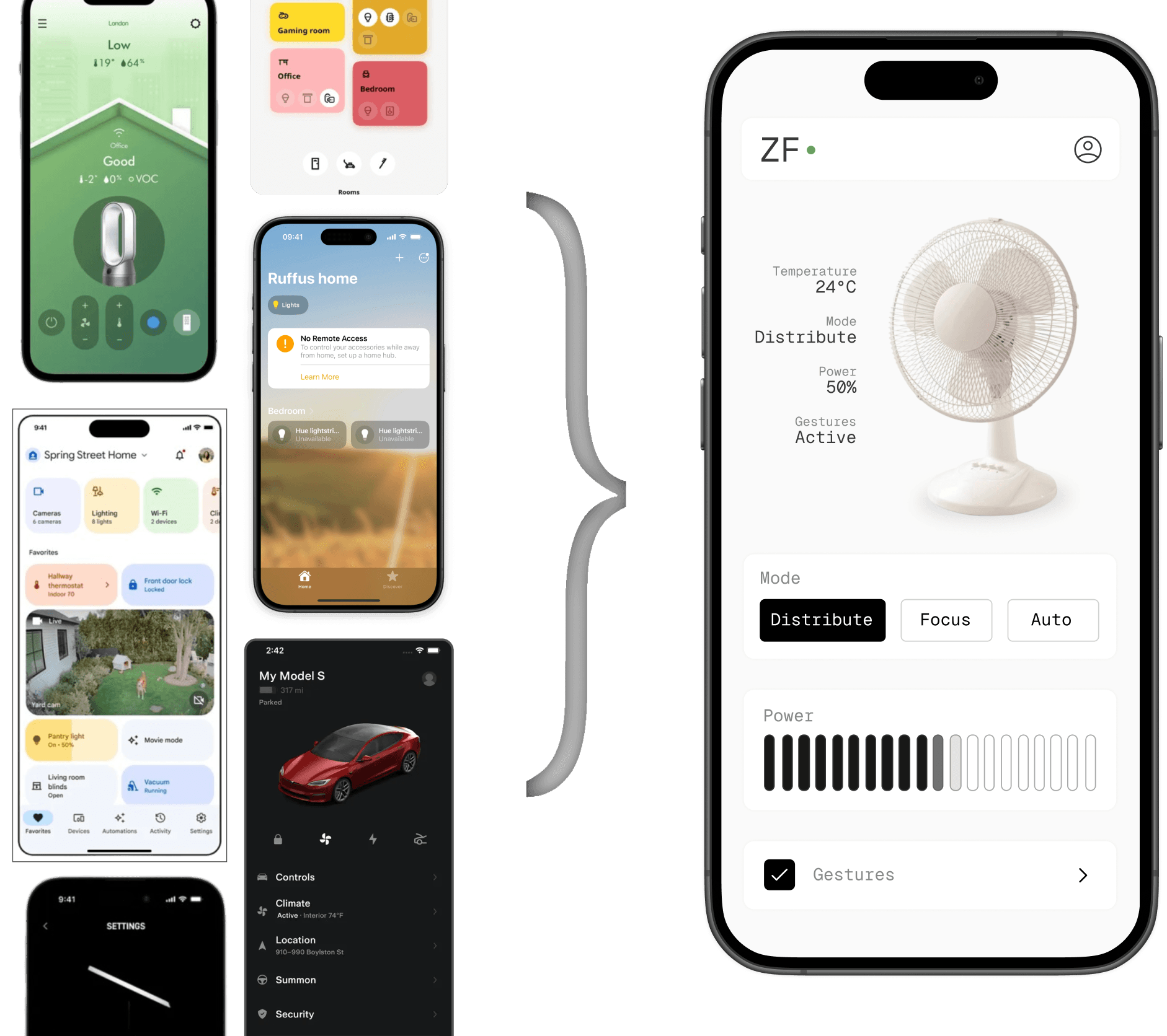 Screenshots of IoT apps on the left with a screenshot of Zephyr Fan App on the right