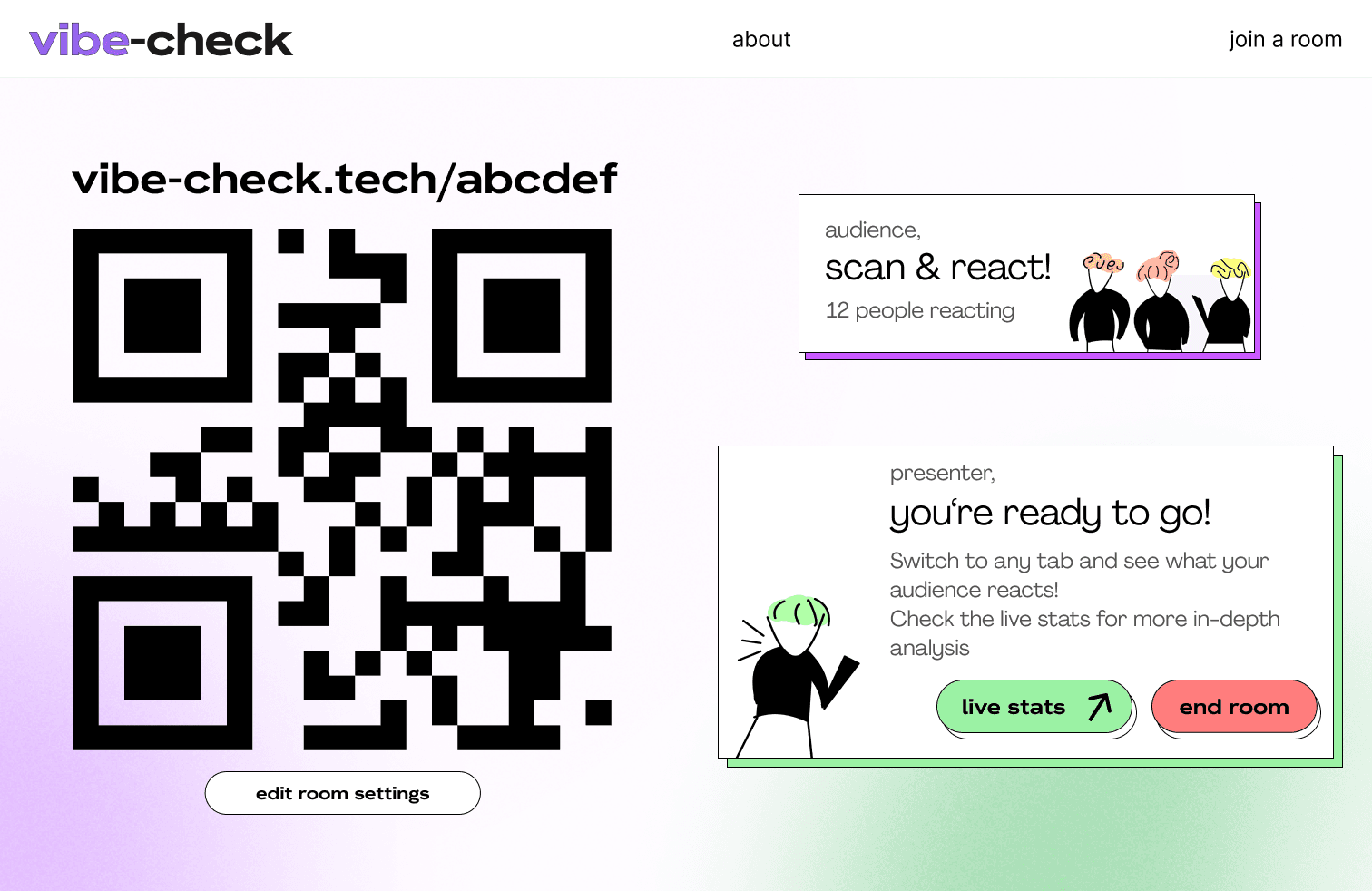 Vibe-Check presenter dashboard with a room code, QR code and live audience activity